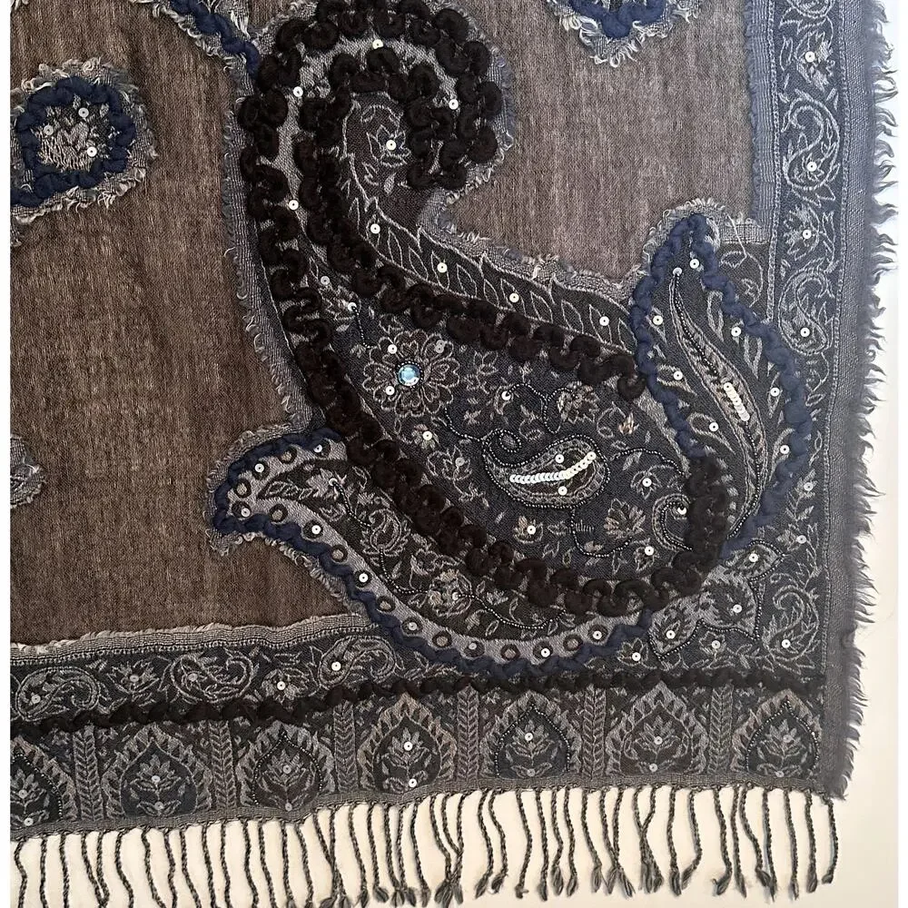 Tolani 100% Wool Scarf Brown Blue Embroidered Sequins Paisley Fringe Oversized
